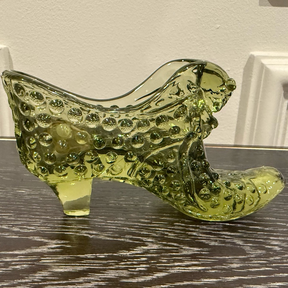 Vintage Fenton Green Hobnail Cat Head Glass Shoe